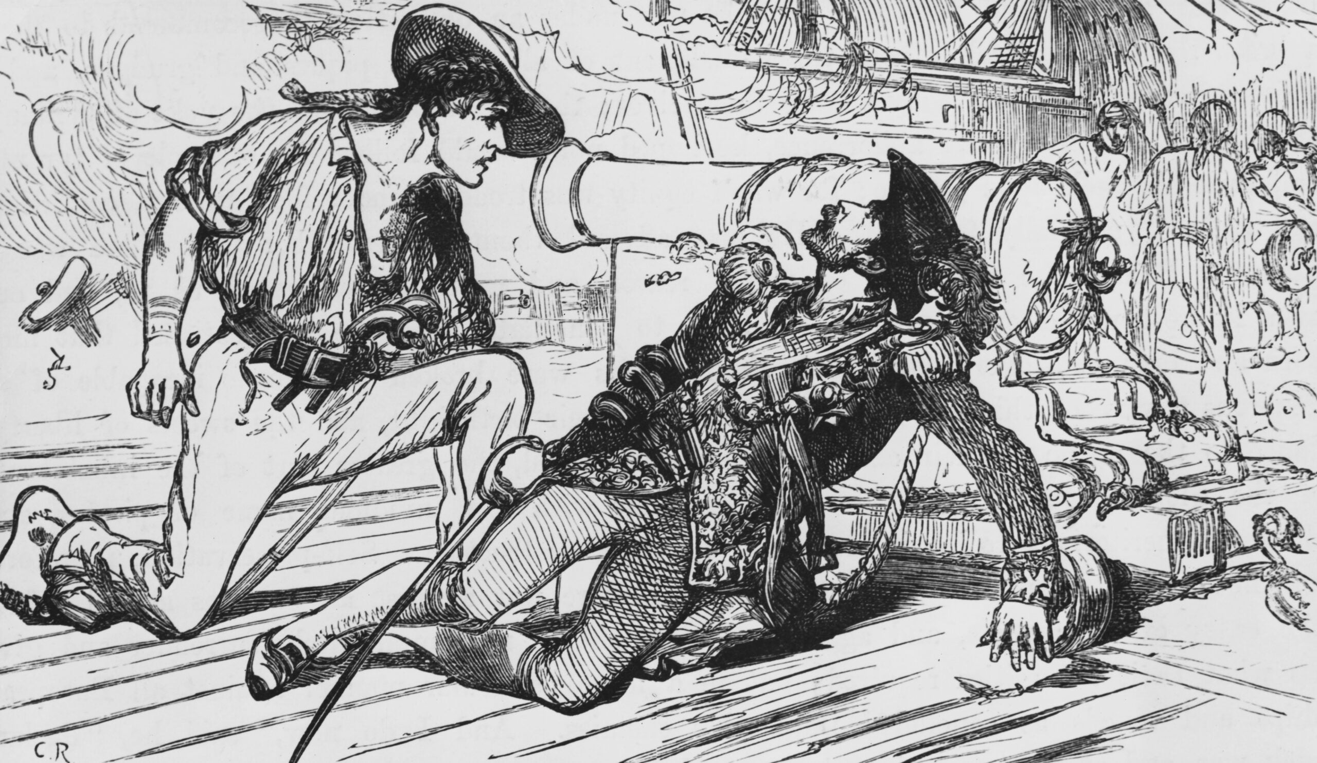 The death of Welsh pirate Bartholomew Roberts (1682 - 1722) off the coast of Gabon in west Africa, having been struck in the throat by grapeshot during a sea battle, 10th February 1722. (Photo by Hulton Archive/Getty Images)