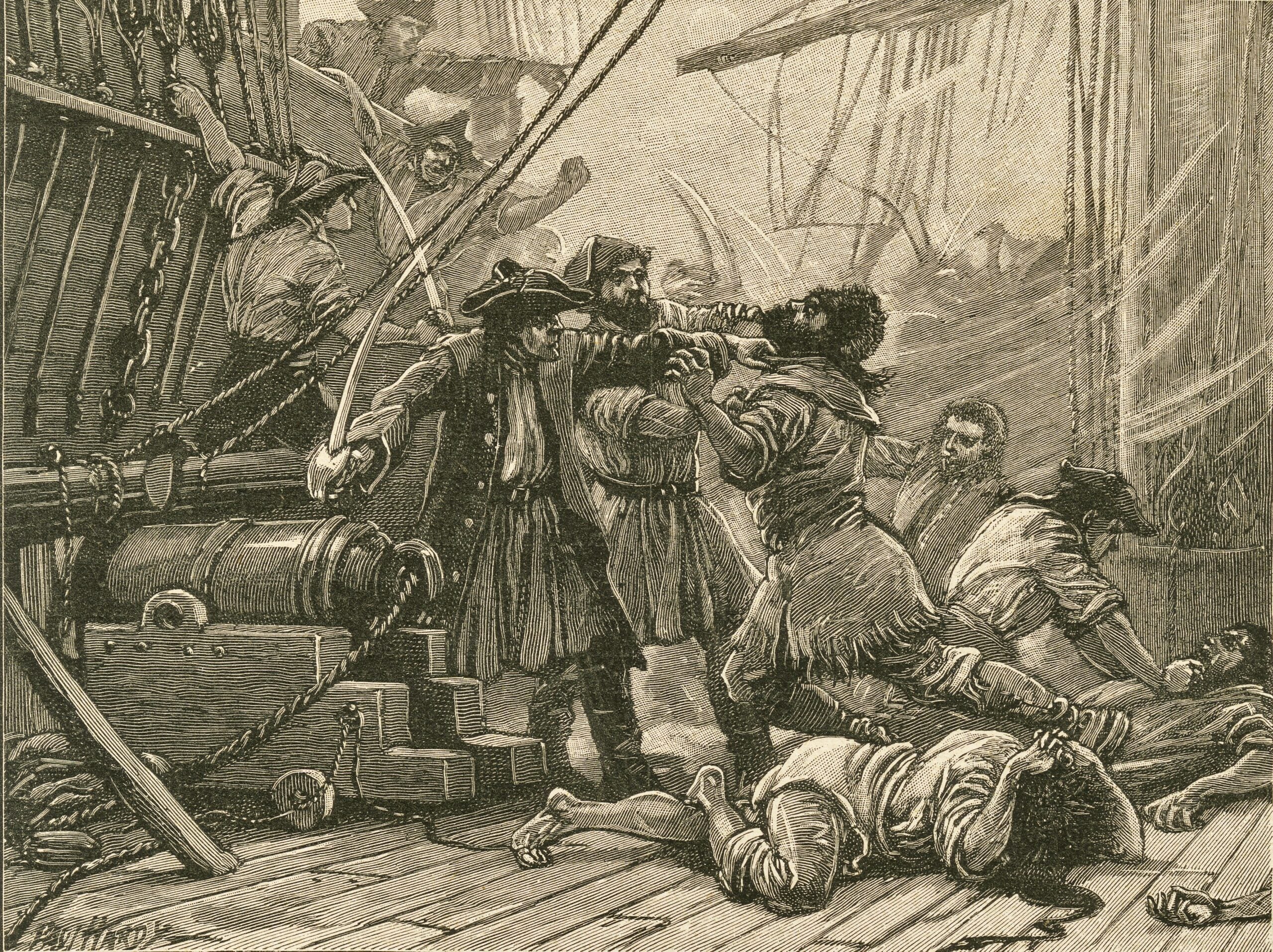 Pirates boarding a ship and overpower the crew: 18th century. (Photo by: Universal History Archive/Universal Images Group via Getty Images)
