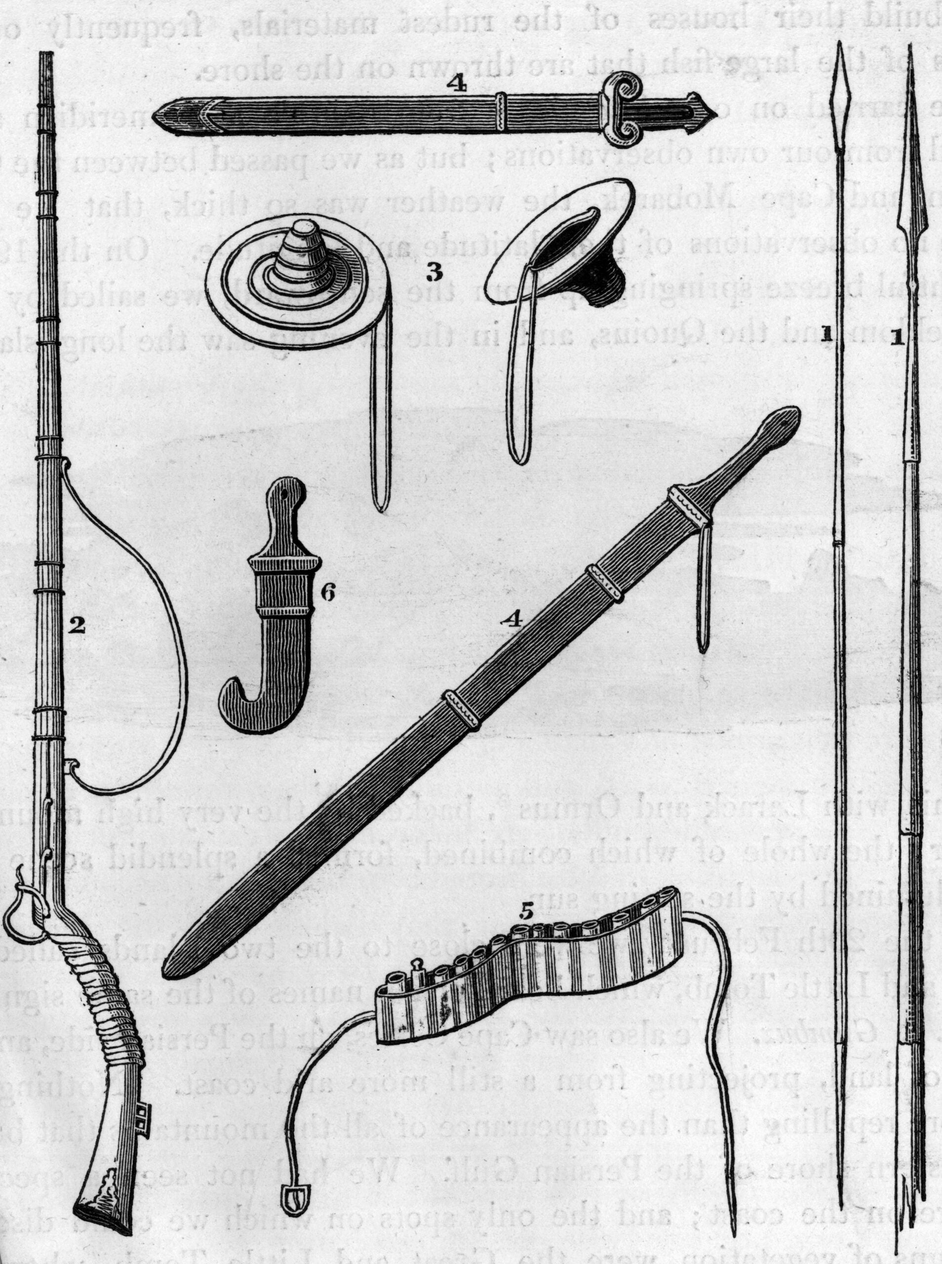 1818:  Various weapons taken from Arab pirates; spears, swords, hand shields, a musket, a cartridge belt and a dagger.  (Photo by Henry Guttmann Collection/Hulton Archive/Getty Images)