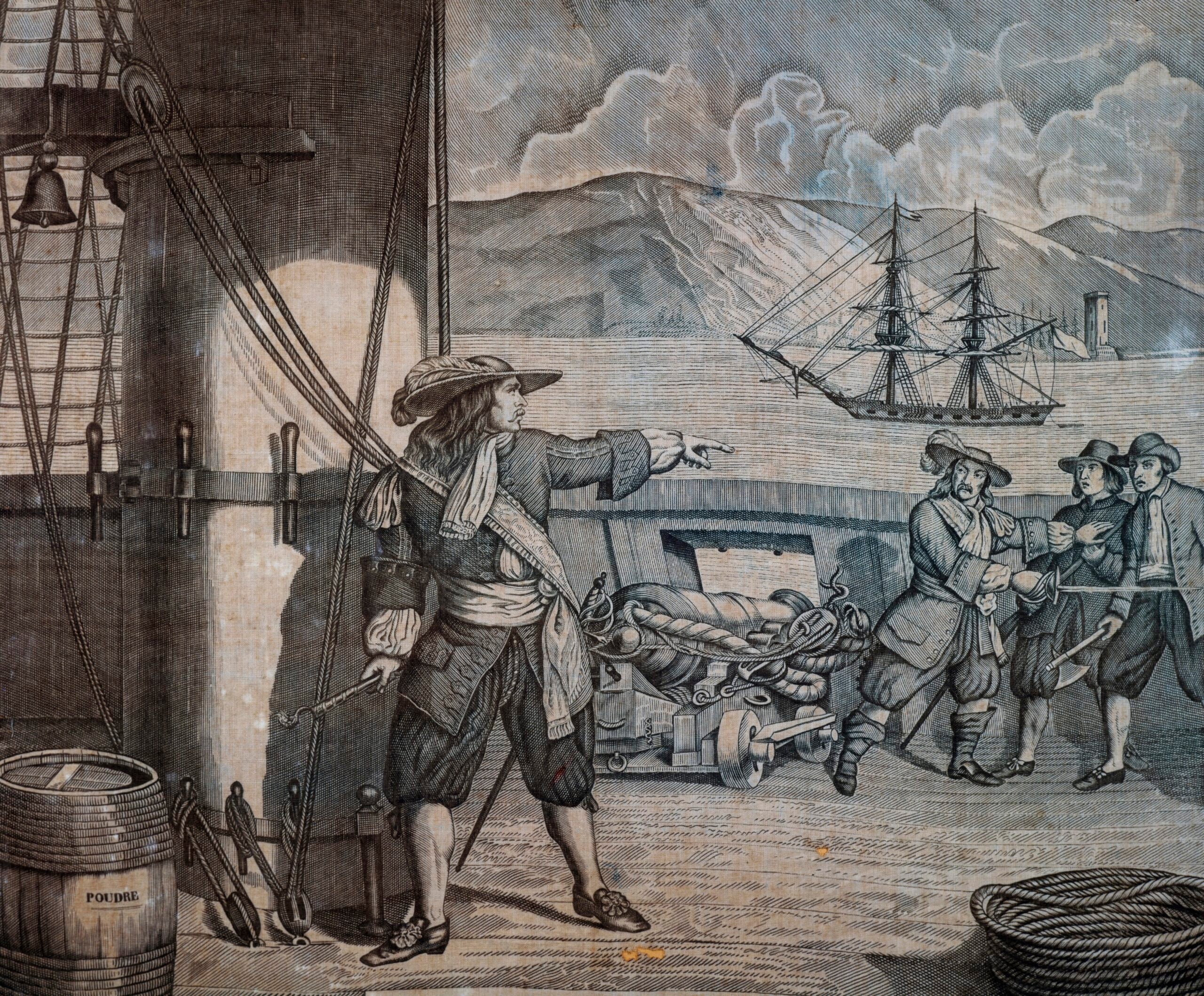 FRANCE - MAY 25: Pirate captain Jean Bart (1650-1702) on board a British ship, engraving on fabric by Bouquet, France, 17th century. Paris, Musée National Des Arts Africains Et Oceaniens (Art Museum) (Photo by DeAgostini/Getty Images)