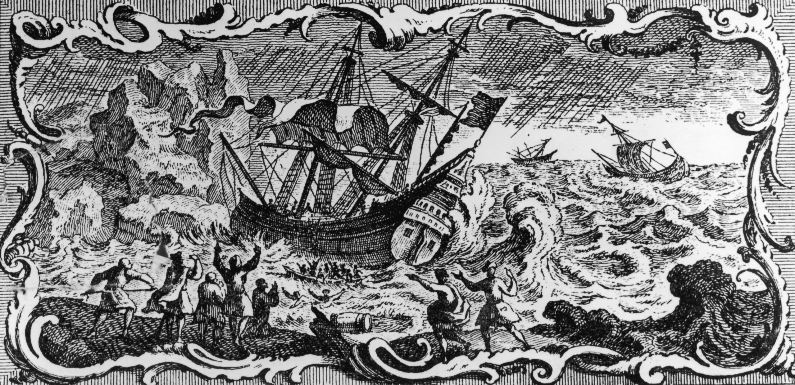 A pirate ship or 'corsair' encounters bad weather off the Barbary Coast of North Africa, circa 1650. An engraving by A. Maisonneuve after A. Humblot. (Photo by Hulton Archive/Getty Images)