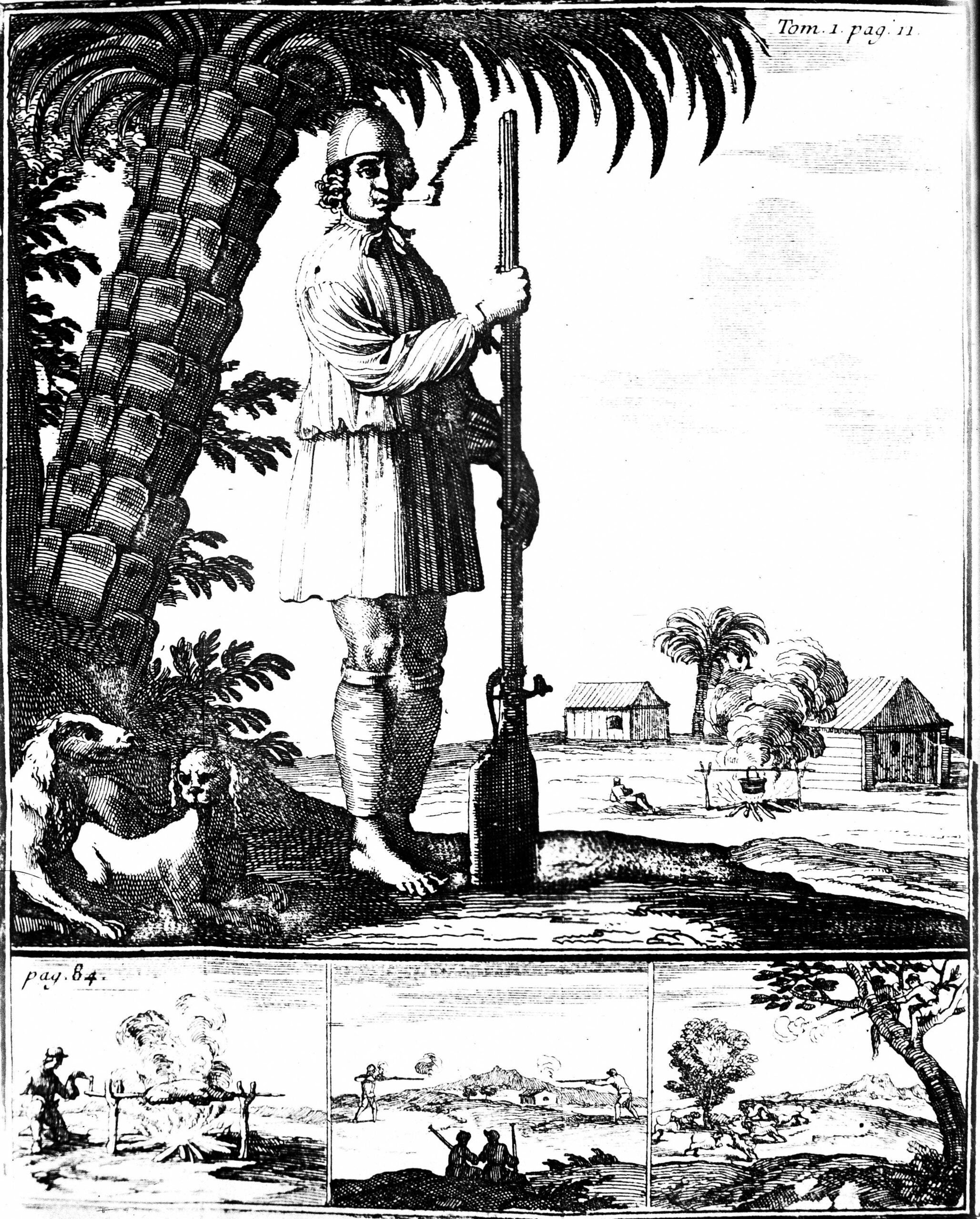 Engraving from a book by Alexandre Olivier Exquemelin depicts an unidentified Fench pirate as he stands with a long rifle, while three small pictures underneath depict various other scenes, 1600s. (Photo by Roger-Viollet/Getty Images)