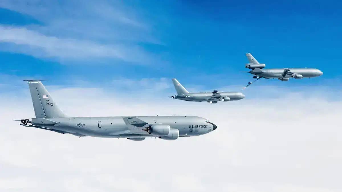 Examples of all three of the US Air Force's current tankers. From left to right, a KC-135, a KC-46, and a KC-10. <em>USAF</em>