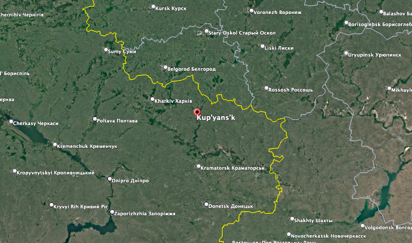 Kupiansk is about 60 miles southeast of Kharkiv city and 50 miles north of Lyman in Donetsk Oblast. Ukraine says Russia has amassed a force of about 100,000 troops in this area. (Google Earth image)