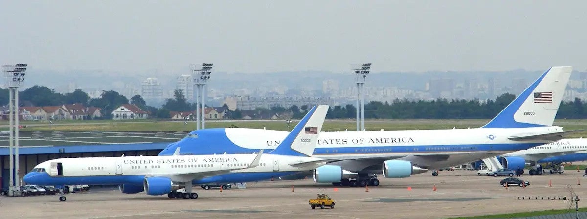 A C-32A aircraft, in front, together with a VC-25A Air Force One jet at Paris Orly Airport in France in 2009. Mathieu Marquer via Wikimedia 