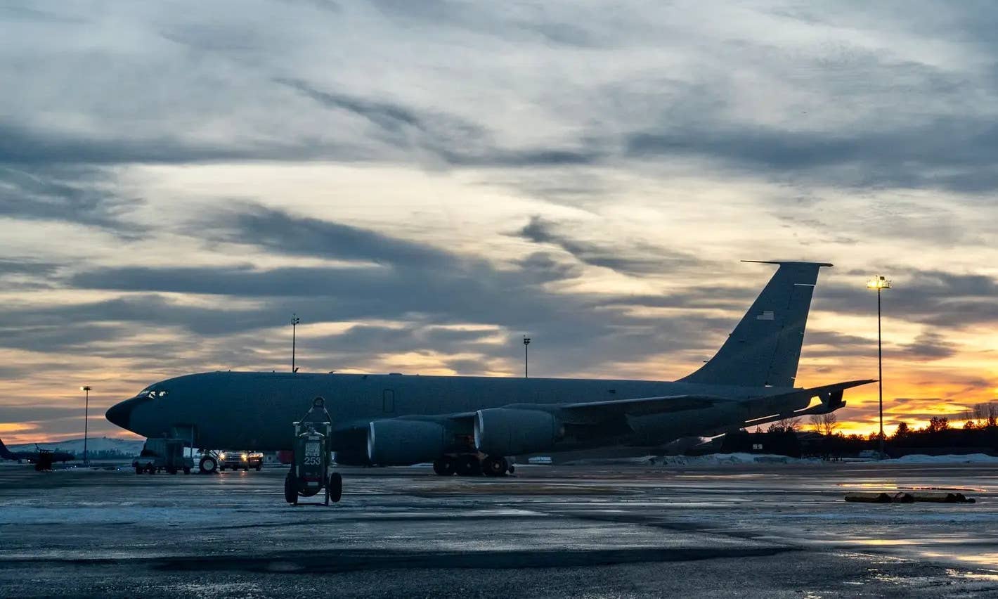 A picture of a KC-135 tanker without a serial number and other individually identifying markings on its tail taken in February 2023. <em>USAF</em>