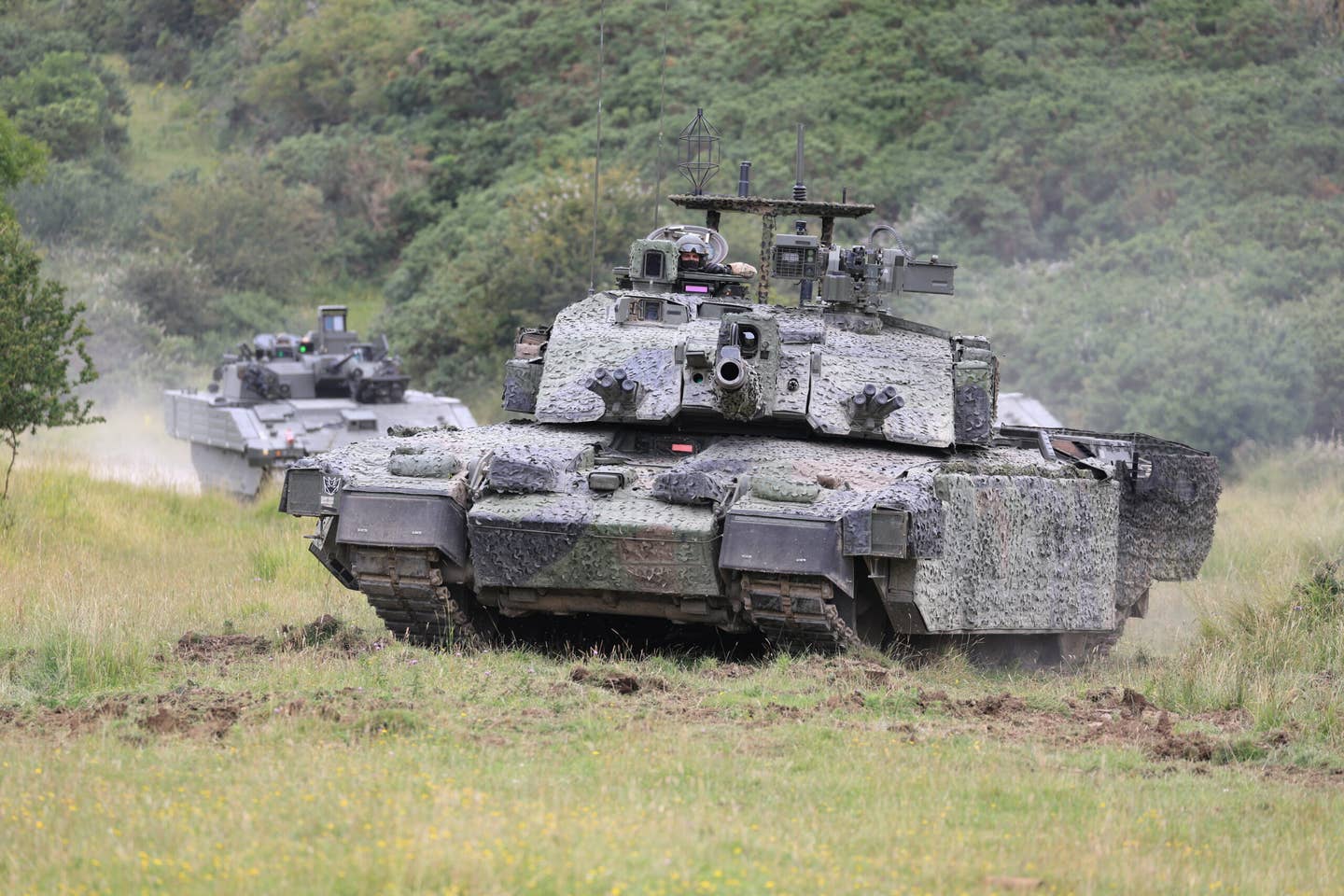 A Challenger 2 main battle tank, equipped for experimental work, and known as Challenger Megatron, is demonstrated at Lulworth Range. <em>Crown Copyright</em>
