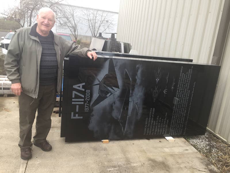 Pioneers of Stealth Chairman Dennis W. Jarvi pictured with the completed F-117A obelisk. <em>Pioneers of Stealth</em>