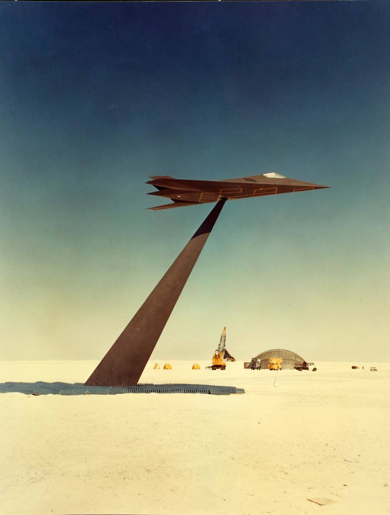 A scale Have Blue model on 'the pole' during RCS testing. (Lockheed)