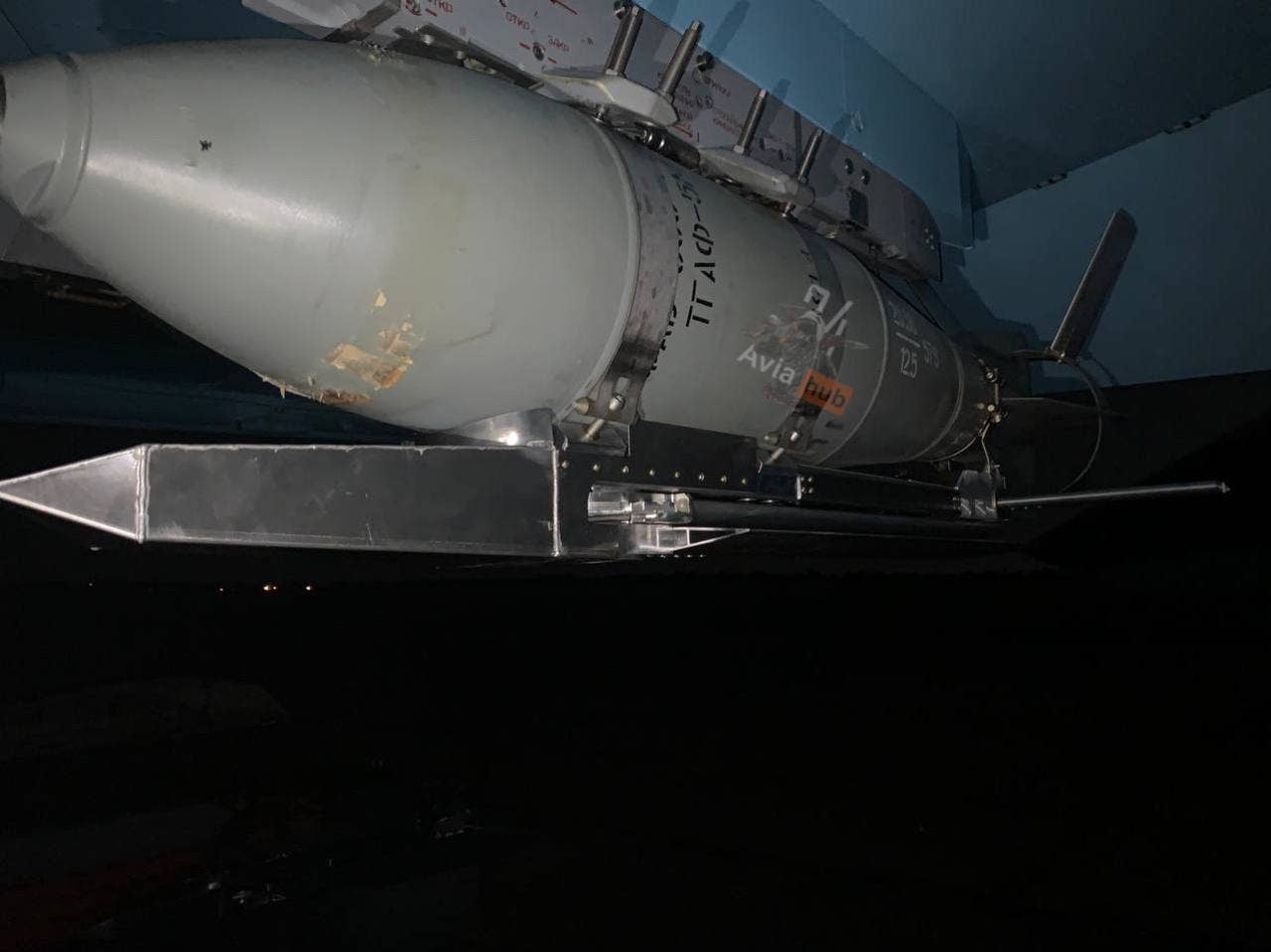 A FAB-500M-62 bomb, with UMPK kit, seen in July 2023. <em>AviaHub Telegram channel</em>