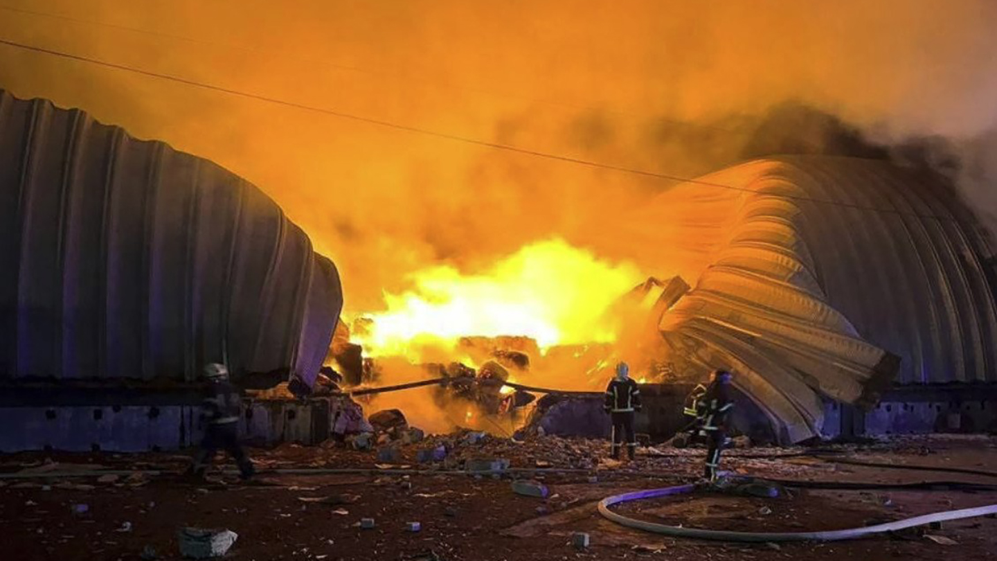 Ukraine says 60,000 tons of grain in a Russian barrage near Odesa.
