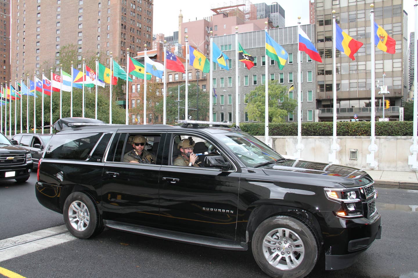 Diplomatic Security special agents with the Office of Mobile Security Deployments move their vehicle into line in preparation for the departure of a high-threat DS motorcade from the UN General Assembly, September 30, 2015. <em>U.S. Department of State photo</em>