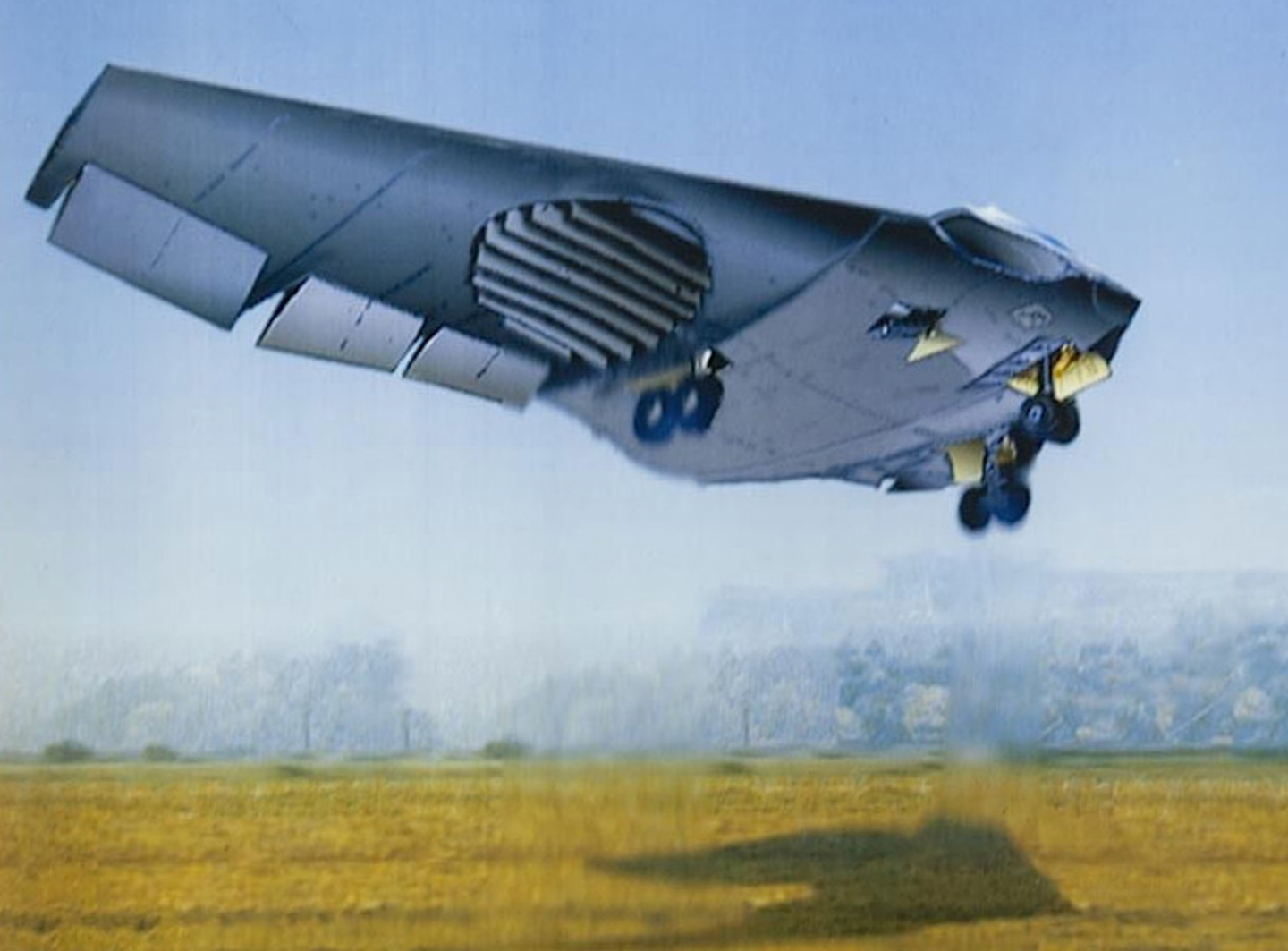 Concept artwork for the Lockheed Special Operations Forces Transport (SOFA), dating from the 1980s. <em>Lockheed <a href="https://www.ebay.com/itm/LOCKHEED-SKUNK-WORKS-X-33-VENTURE-STAR-4-X5-COLOR-TRANSPARENCY-01-/272772819820?oid=272773061159">via eBay</a></em>