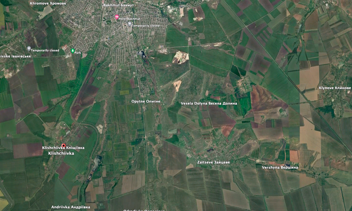 Fighting in towns surrounding Bakhmut remains fierce. (Google Earth image)