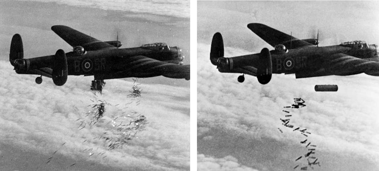 Left: An RAF Lancaster releases bundles of Window over the target during a daylight raid on Duisburg, Germany, in October 1944. Right: The same Lancaster drops the main part of its load, comprising a 4,000-pound high-explosive bomb and 108 30-pound incendiaries. <em>Crown Copyright</em>