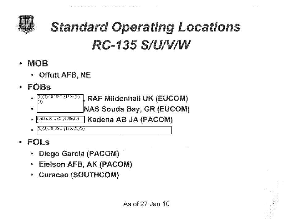 A briefing slide showing typical Forward Operating Bases (FOB) and Forward Operating Locations (FOL), including Kadena and Eielson, regularly utilized by RC-135V/W Rivet Joints, as well as RC-135S Cobra Balls and RC-135U Combat Sents, as of January 2010. <em>USAF via FOIA</em>