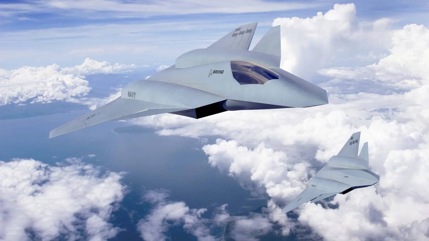 Boeing concept art depicting an advanced sixth-generation stealth combat jet for the US Navy, as well as an uncrewed derivative. Boeing