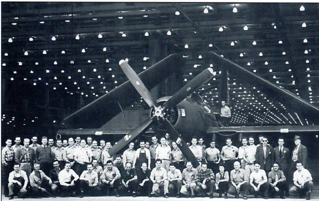The Skypirate's design team poses with the first prototype on rollout day. <em>Bureau of Aeronautics, Navy Department</em>