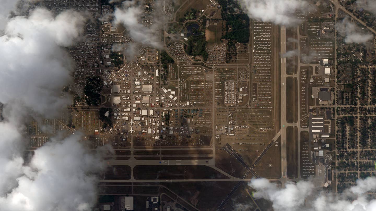 Partially obscured image taken on July 25th, 2023. This is maximum density as the show is busiest with aircraft during the week. (<em>PHOTO © 2023 PLANET LABS INC. ALL RIGHTS RESERVED. REPRINTED BY PERMISSION</em>)