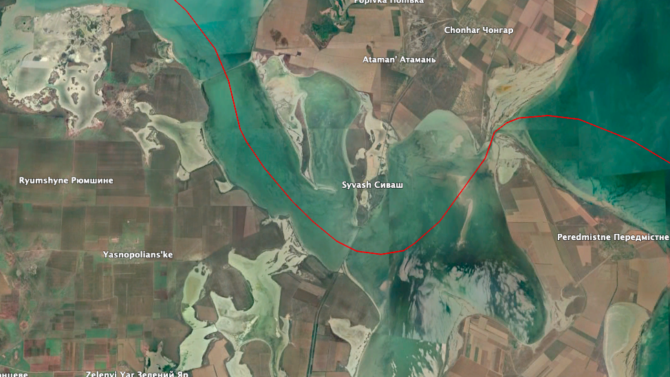 The Chongar Strait railway bridge is a key logistics link between Crimea and Zaporizhzhia. (Google Earth image)