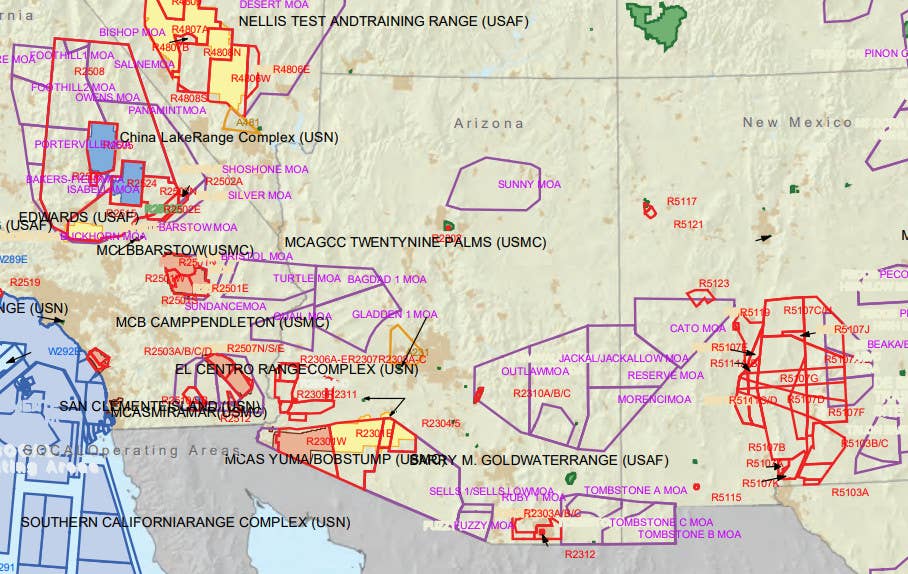 A map showing designated restricted airspace (outlined in red) and MOAs (outlined in purple) used for military training in Arizona and neighboring states. <em>DOD</em>