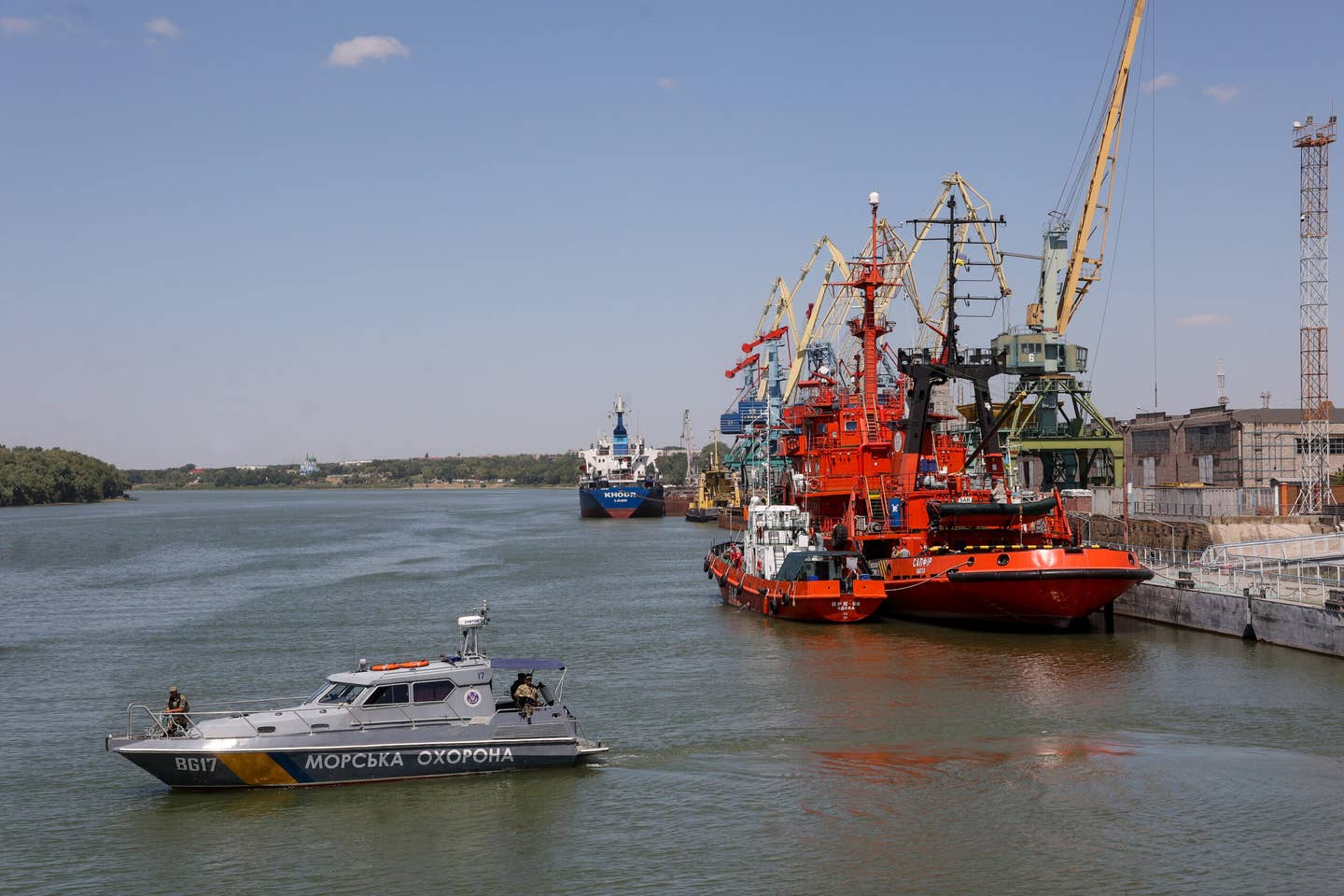 A Ukrainian Sea Guard motorboat at Izmail port on the Danube River, in Odesa region, Ukraine, July 21, 2022. <em>Photo by Sergii Kharchenko/NurPhoto via Getty Images</em>