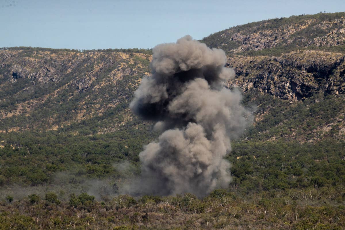 A picture showing the aftermath of a US Army ATACMs missile impacting the Bradshaw Field Training Area in Australia. <em>USMC</em>