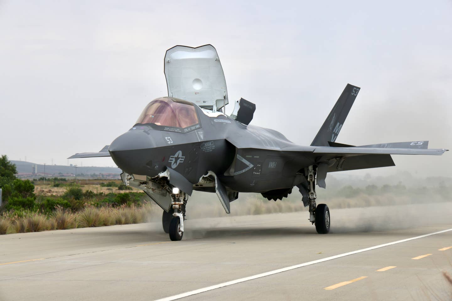 An F-35B on the move on a section of the old Pacific Coast Highway. (James Deboer)