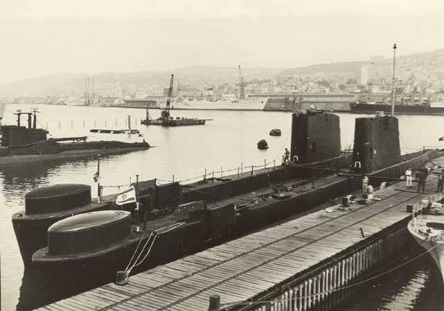 The T-class submarines INS <em>Dolphin</em> (TZ-79), INS <em>Leviathan</em> (TZ-75), and INS <em>Tanin</em> (TZ-71), seen in 1971. <em>Photo by Moshe Ben-Naftali</em>