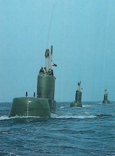<em>Gal</em> (Type 540) class submarines INS <em>Gal</em>, INS <em>Tanin</em>, and INS <em>Rahav</em> underway. <em>Author’s collection</em>