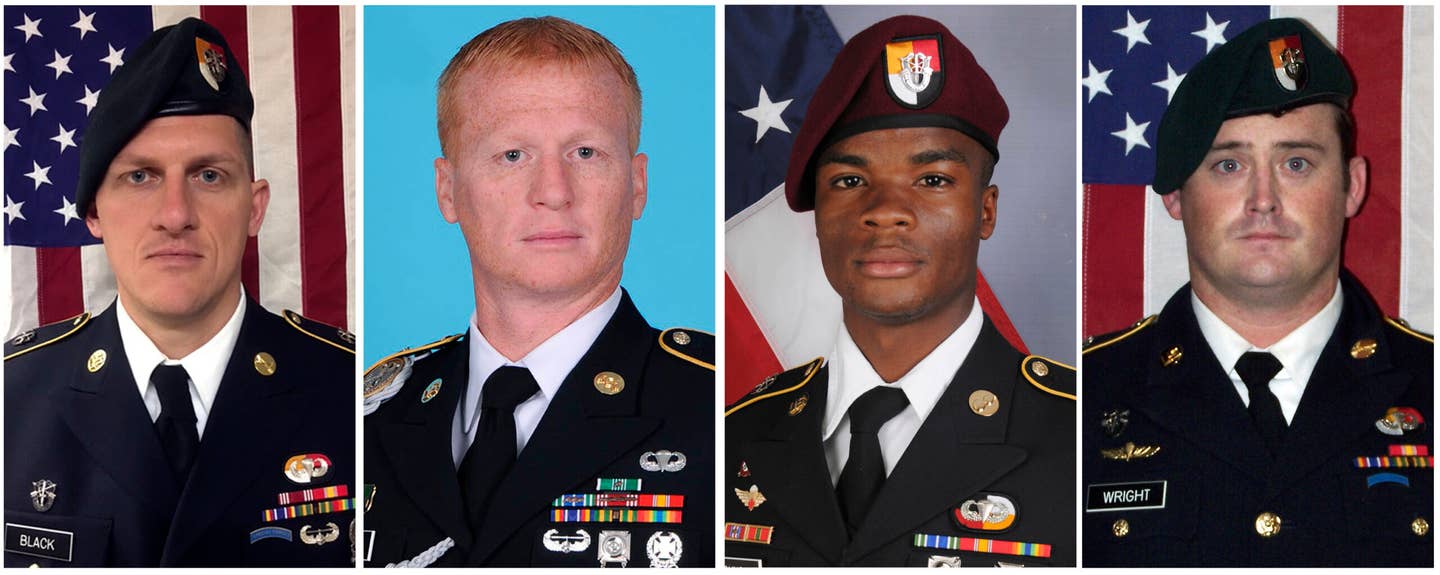 These images provided by the U.S. Army show, from left, Staff Sgt. Bryan C. Black, 35, of Puyallup, Wash.; Staff Sgt. Jeremiah W. Johnson, 39, of Springboro, Ohio; Sgt. La David Johnson, 25, of Miami Gardens, Fla.; and Staff Sgt. Dustin M. Wright, 29, of Lyons, Ga. All four were killed in Niger in 2017, when a joint patrol of American and Niger forces was ambushed by militants believed linked to the Islamic State group.  (U.S. Army via AP)