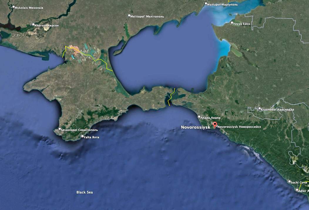Novorossiysk is a major Russian port and another home to elements of the Black Sea Fleet. (Google Earth)