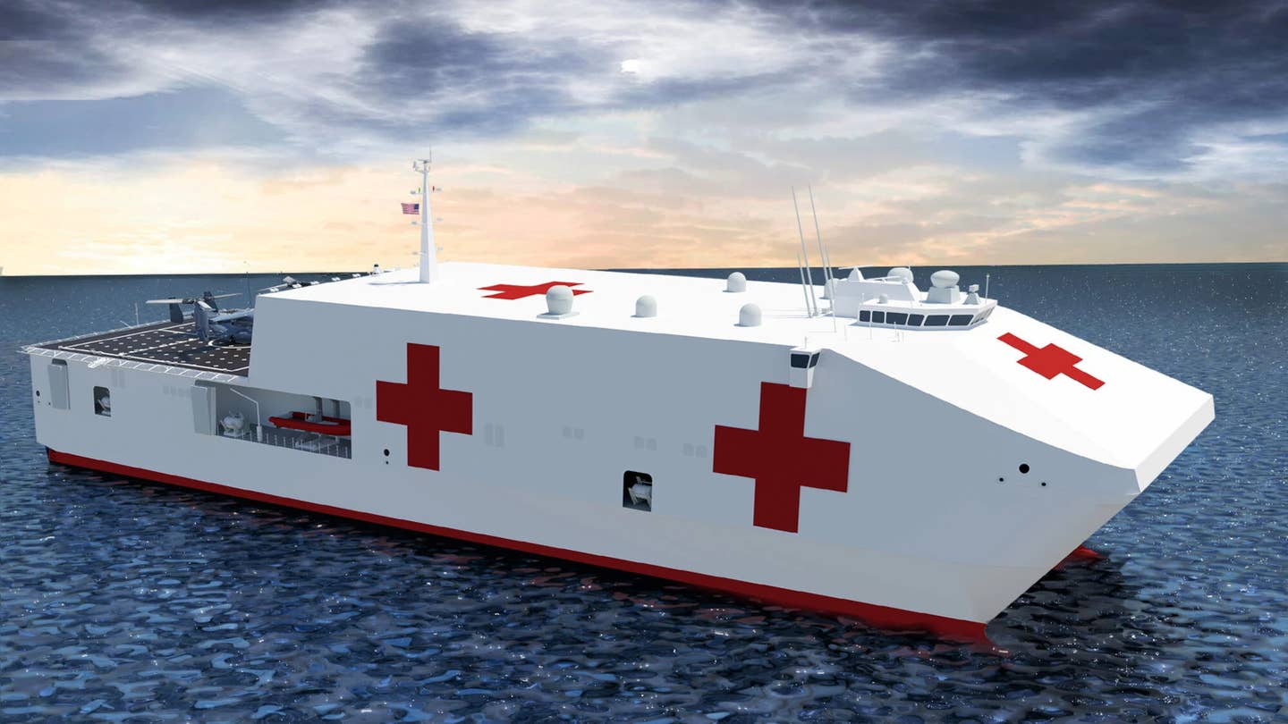An artist's conception of the Bethesda class expeditionary medical ship, derived from the <em>Spearhead</em> class design. <em>Austal USA</em>