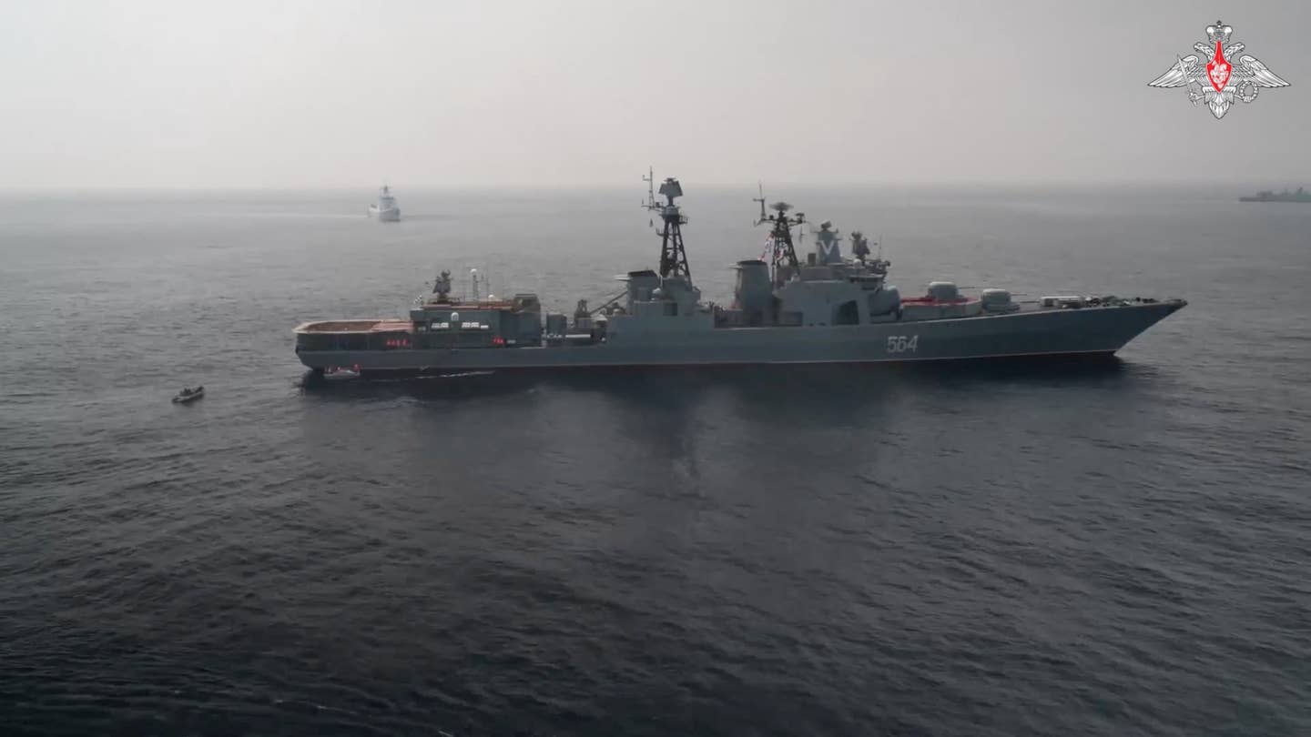 Russian destroyer <em>Admiral Tributs </em>during the joint Russian-Chinese naval exercise "North.Interaction - 2023" in the waters of the Sea of Japan, July 20, 2023.<em> Russian Defence Ministry</em>