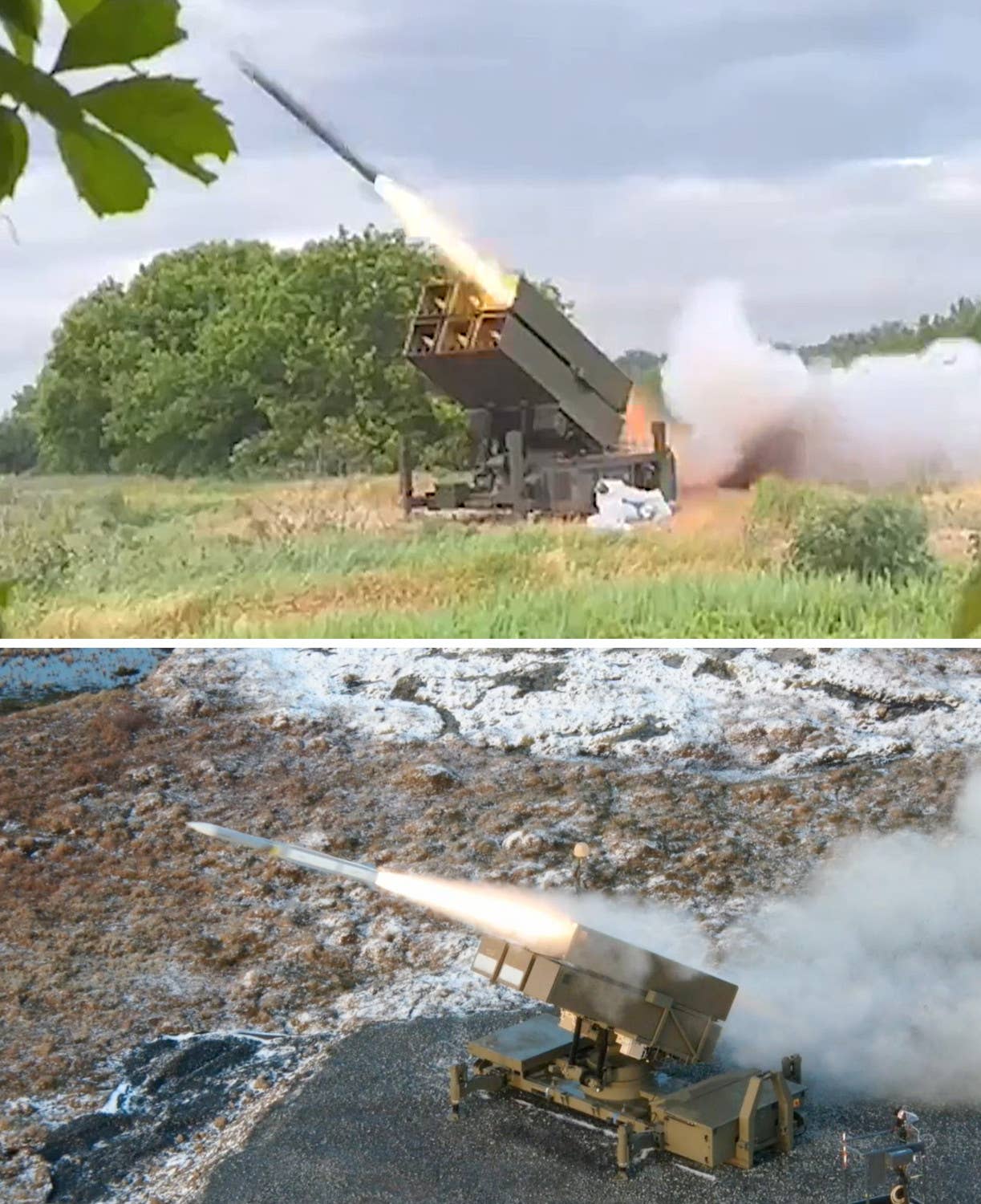 A comparison of the Ukrainian NASAMS launcher firing the apparent mystery missile (at top) and one firing an AMRAAM-ER during a test. <em>Ukrainian Air Force capture/Raytheon</em>