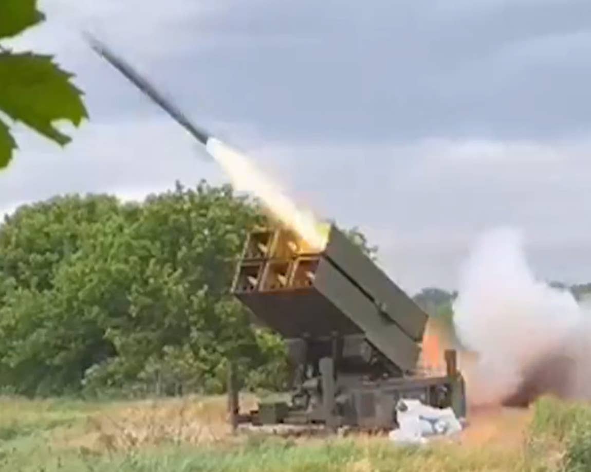 A screen capture from the video above showing the NASAMS launching firing the missile. <em>Ukrainian Air Force capture</em>