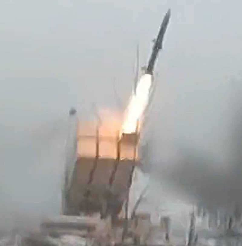 A screen capture from the Ukrainian Air Force video seen immediately above showing a NASAMS launcher firing an AIM-120 missile. <em>Ukrainian Air Force capture</em>