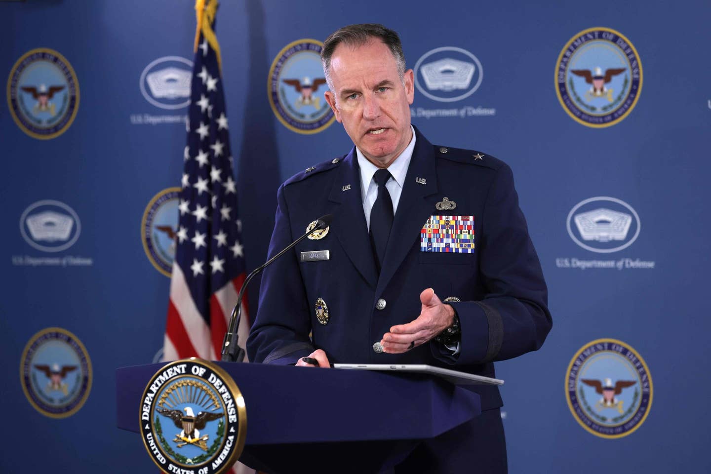 Pentagon Press Secretary Brig. Gen. Pat Ryder speaks during a news briefing at the Pentagon in May 2023. <em>Photo by Alex Wong/Getty Images</em>