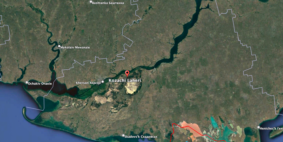 Russian Telegram channels report a Ukrainian incursion into Kozachi Lageri in Russian-held Kherson Oblast. (Google Earth image)