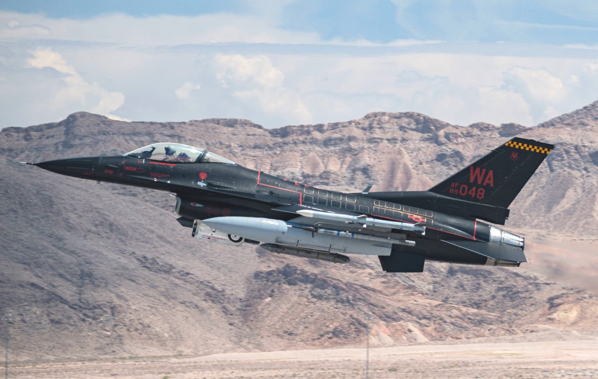 An aggressor F-16 takes off from Nellis Air Force Base during Red Flag 23-3. USAF