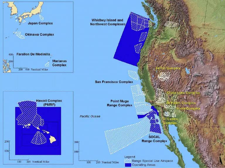 A map showing US military offshore training ranges along the West Coast of the United States, as well as elsewhere in the Pacific. <em>Public Domain</em>
