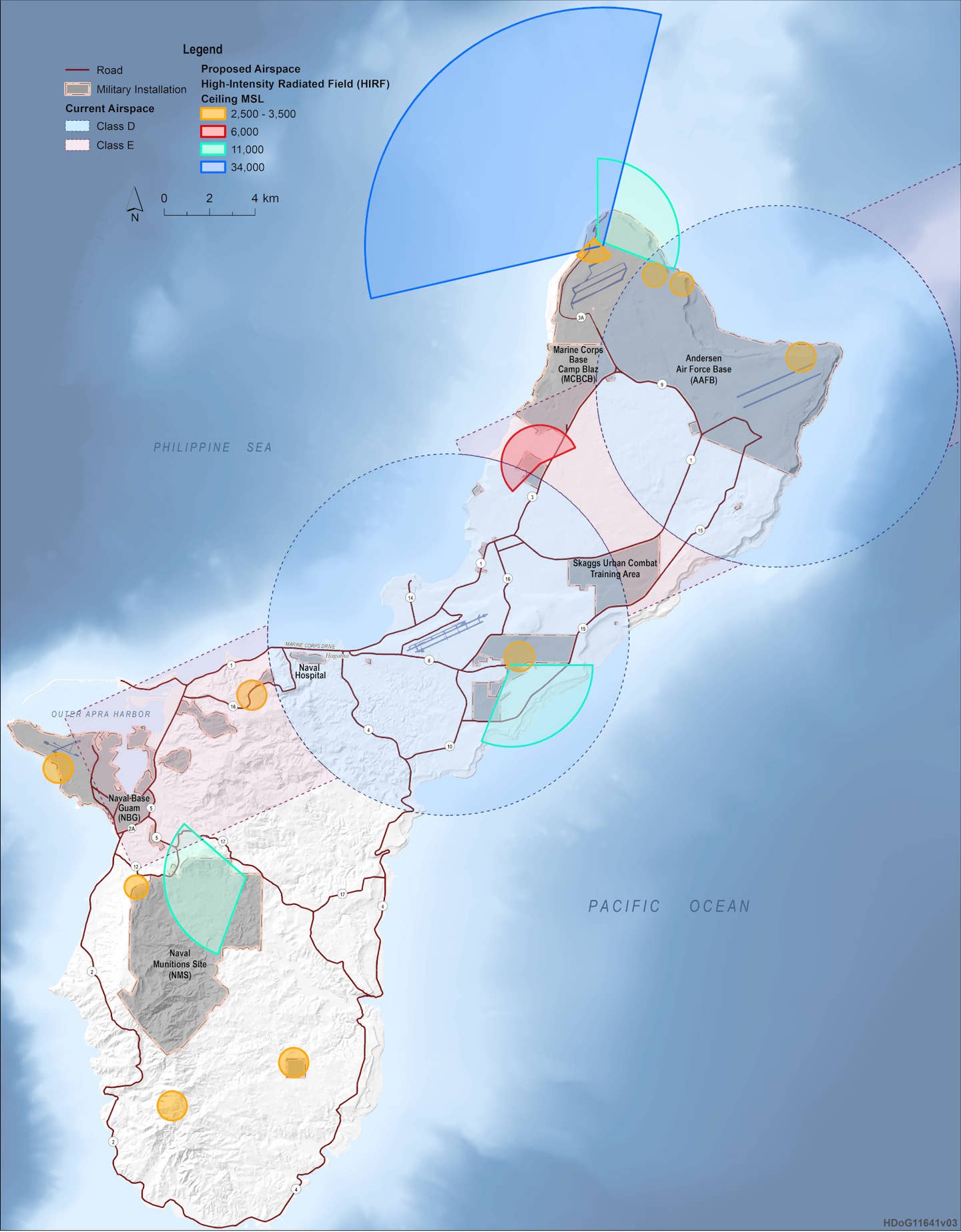 A map showing radar arcs and areas of restricted airspace associated with the Enhanced Integrated Air and Missile Defense system. <em>MDA</em>
