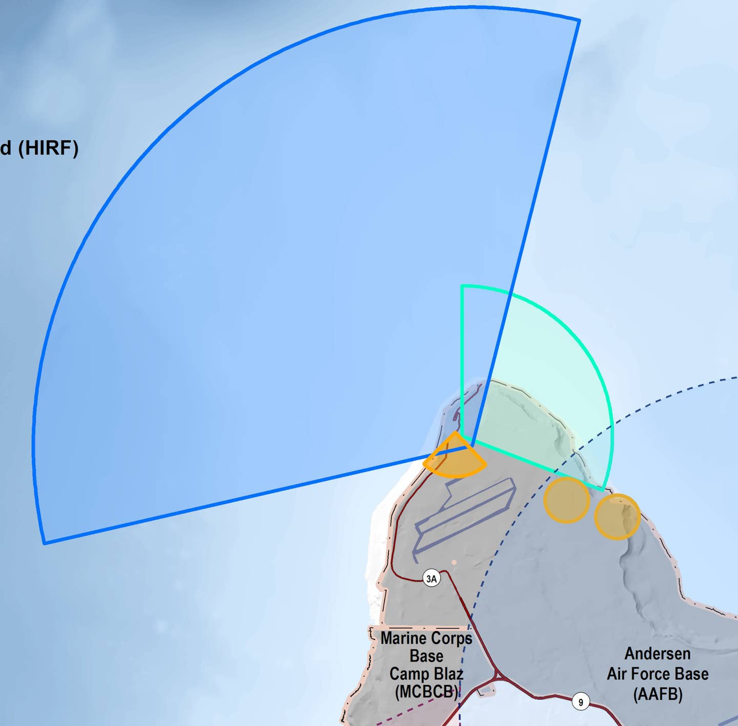 Another section of the radar/airspace map showing multiple radar arcs projecting in different directions from the vicinity of Ritidian Point, as well as other locations in the northern end of Guam. <em>MDA</em>