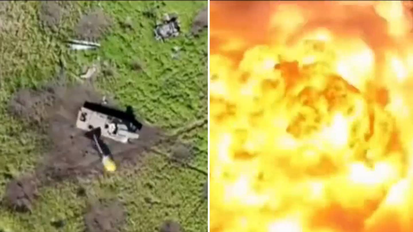 Video shows a Russian UR-77 mine clearing vehicle exploding in a ball of fire after being attacked by a Ukrainian drone.