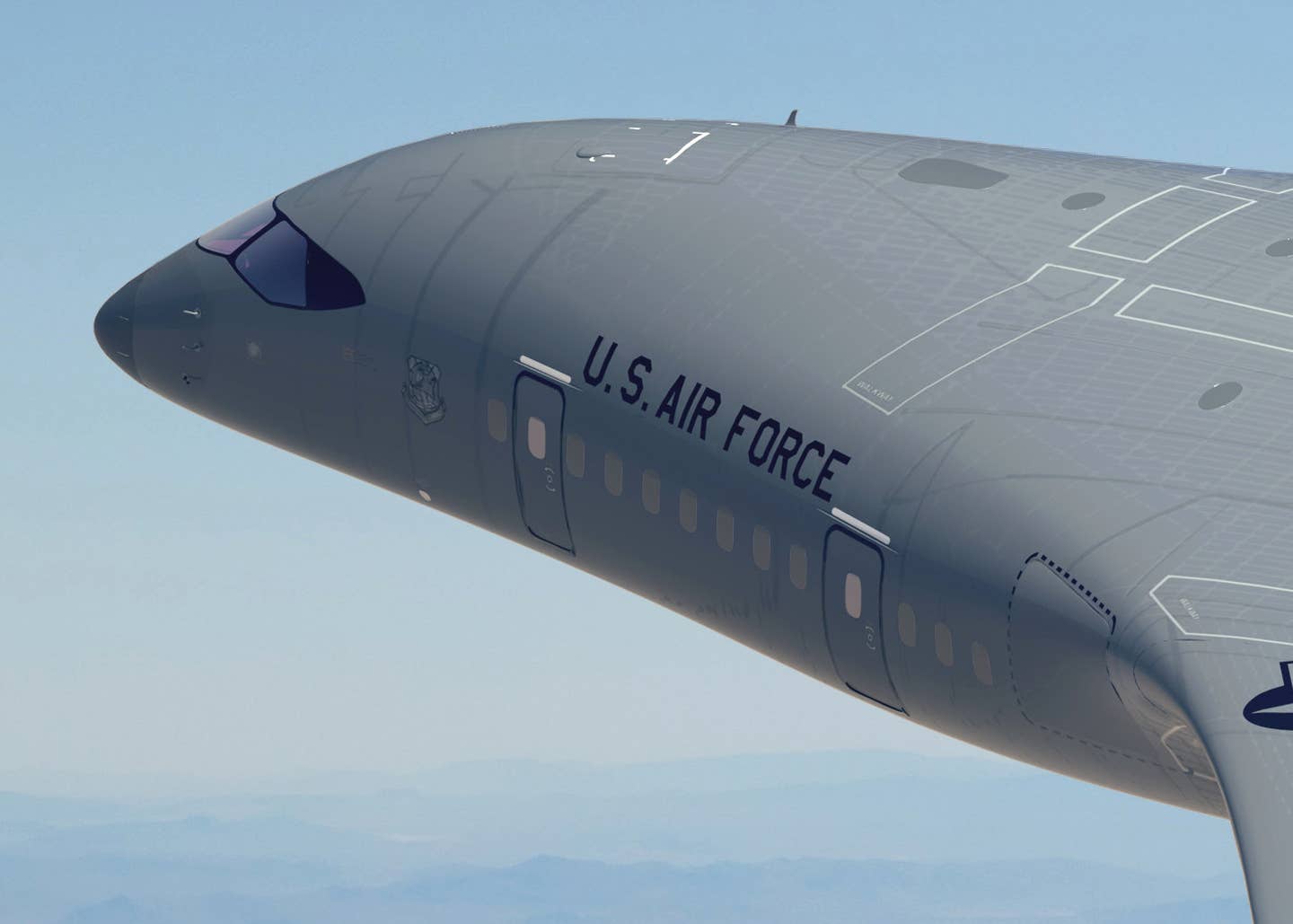 A close up of the front end of JetZero's blended wing body design concept from the latest rendering showing the passenger windows and doors along the side. <em>USAF</em>