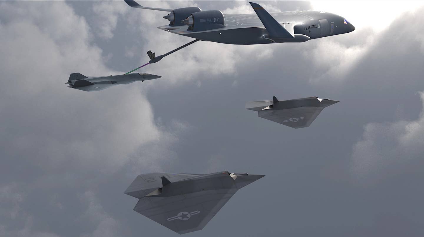 A rendering of JetZero's blended wing body design concept configured as a tanker refueling a notional future stealthy combat jet. Stealthy drones are also seen flying in formation with the crewed aircraft. <em>JetZero</em>