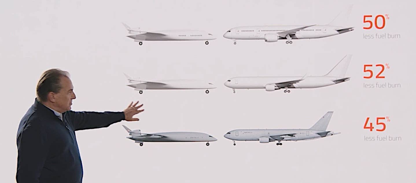 A screen capture from a JetZero promotional video showing project fuel savings for its blended wing body design depending on configuration compared to aircraft with more traditional designs.<em> JetZero capture</em>