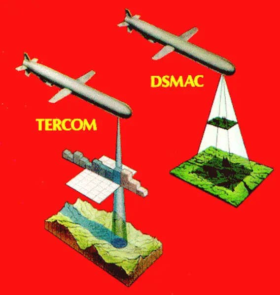 A very general visual representation, using the U.S. Tomahawk as an example, of how TERCOM and digital scene-matching area correlation (DSMAC) systems scan the terrain below to help determine a missile's position and make sure it is on course. <em>via the Federation of American Scientists</em>