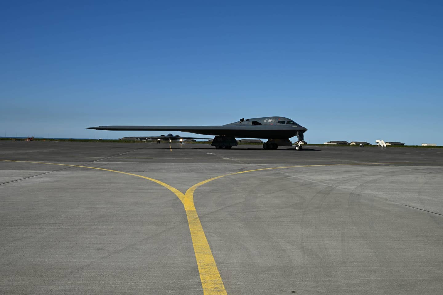 Two B-2s arrive at Keflavik, Iceland to participate in a Bomber Task Force Europe operation with NATO allies, August 13, 2023. <em>U.S. Air Force photo by Tech. Sgt. Heather Salazar</em><br>