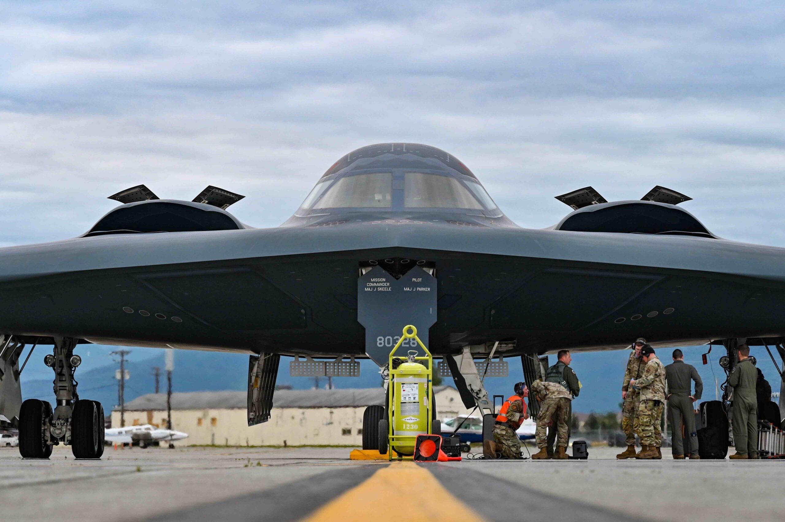 A B-2 Spirit assigned to the 509th Bomb Wing is refueled at Joint Base Elmendorf-Richardson, Alaska, July 19, 2023, as part of a bomber Agile Combat Employment exercise. These bomber task force missions are representative of the U.S. commitment to our allies and partners and enhance regional security. (U.S. Air Force photo by Senior Airman Zachary Wright)